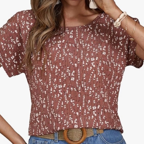 Short Sleeve Floral Mauve Blouse Shirt Top L - Picture 3 of 7